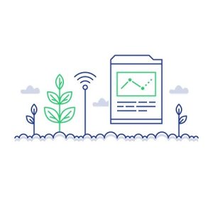 Illustration of plants and a document showing data graphs