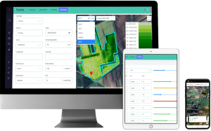 A computer, tablet, and phone showing a farm management interface